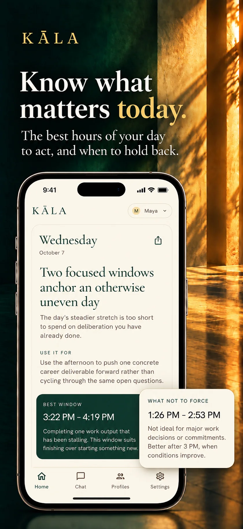 Kala app: Know what matters today, with a sample personalized daily view and time windows